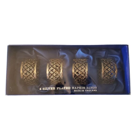 Set Of 4 Silver Plated Napkin Rings Elegant Floral Design Made in England - Picture 5 of 5